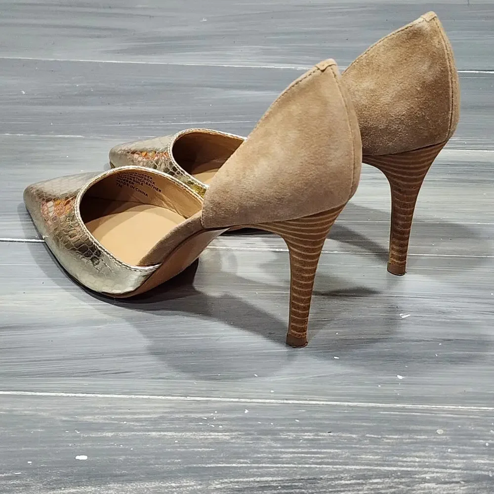 Banana Republic Alicia D'Orsay Heels Pumps Gold Tan Suede Size‎ 7 M Stacked Heel